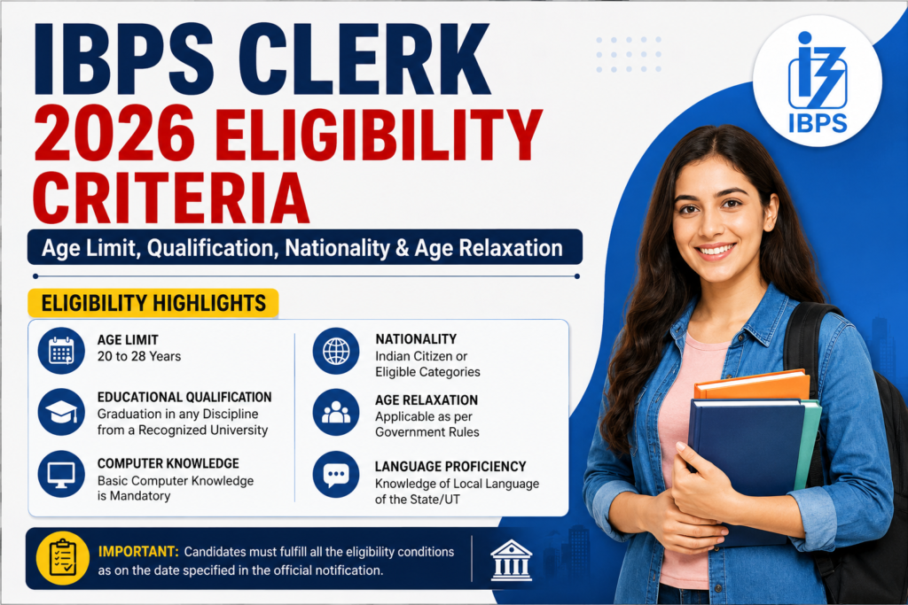 IBPS Clerk 2026 Eligibility Criteria including age limit educational qualification nationality computer knowledge and age relaxation infographic