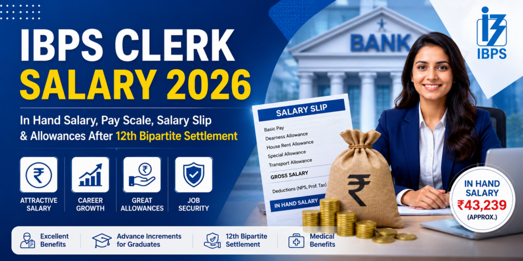 IBPS Clerk Salary 2026 banner showing in-hand salary, pay scale, salary slip, allowances, and 12th Bipartite Settlement details