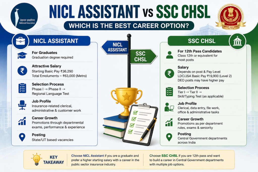 NICL Assistant vs SSC CHSL comparison infographic showing salary, eligibility, selection process, job profile, career growth and posting