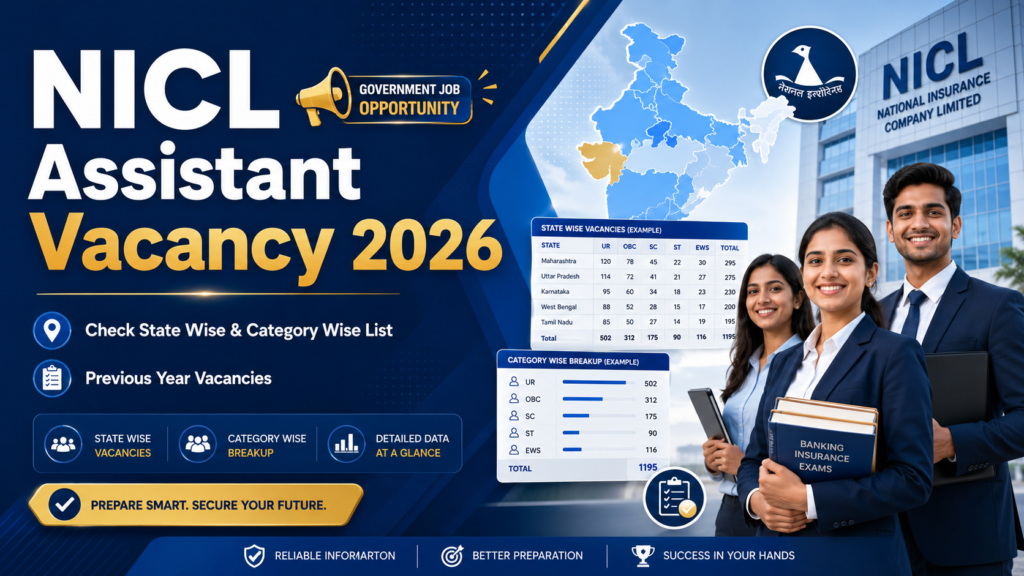 NICL Assistant Vacancy 2026 state-wise and category-wise vacancies with previous year vacancy details