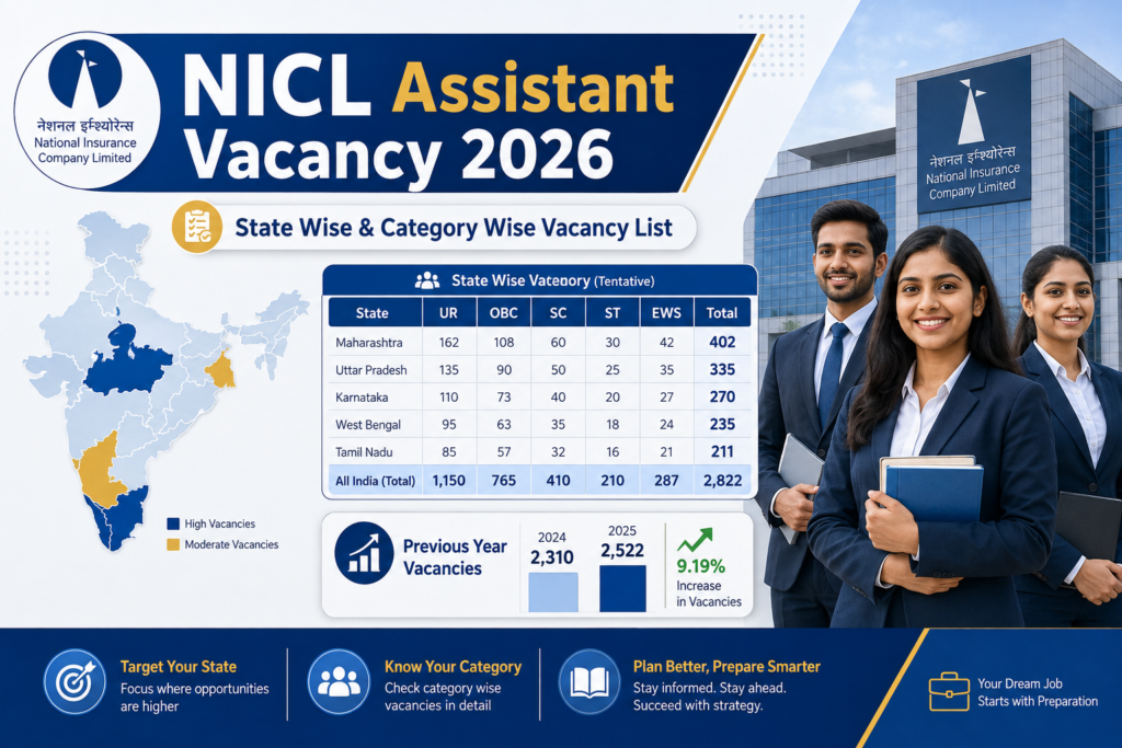 NICL Assistant Vacancy 2026 state-wise and category-wise vacancy list with previous year vacancies