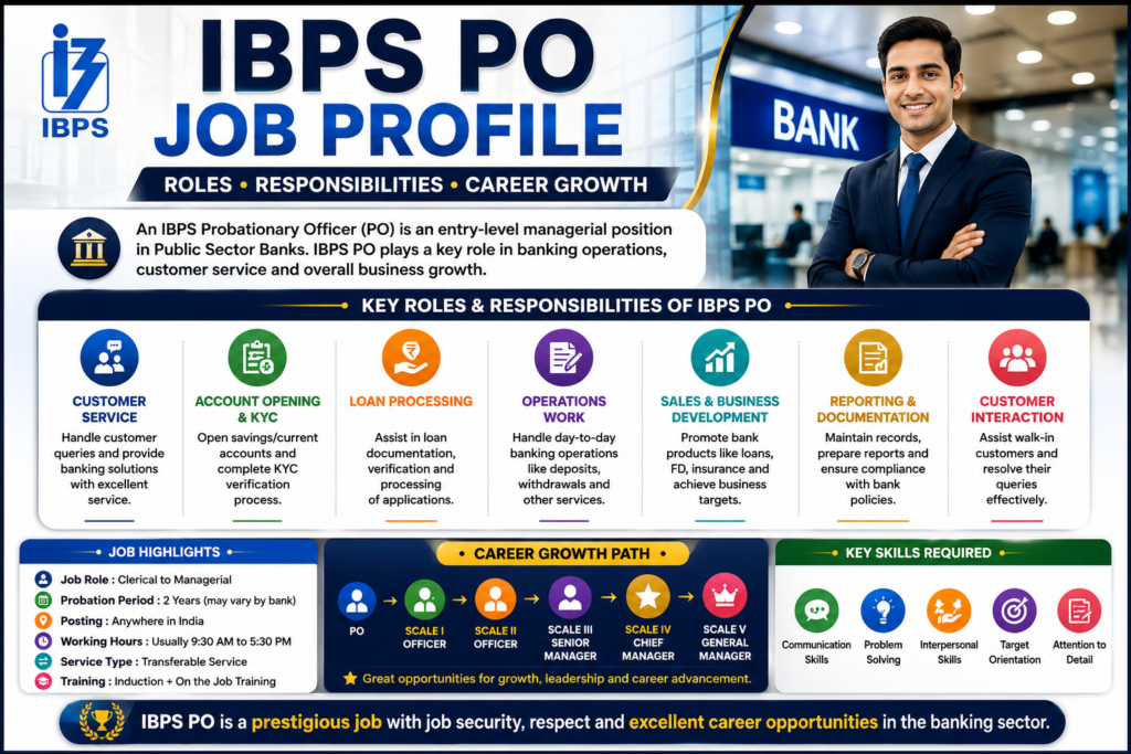 IBPS PO daily work profile including branch operations customer service loan processing compliance and career responsibilities