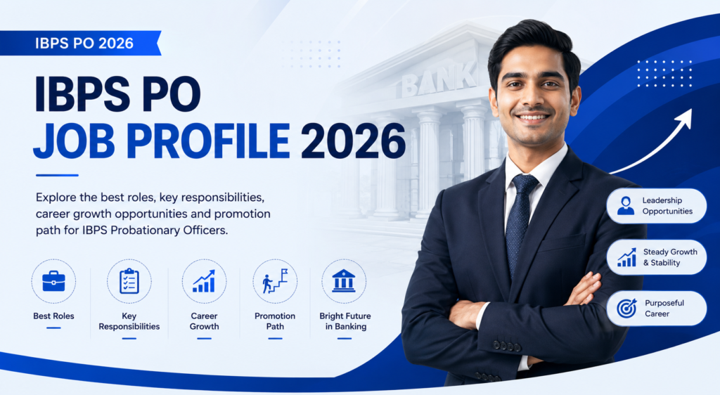 IBPS PO Job Profile 2026 banner showing roles, responsibilities, career growth and promotion opportunities for Probationary Officers