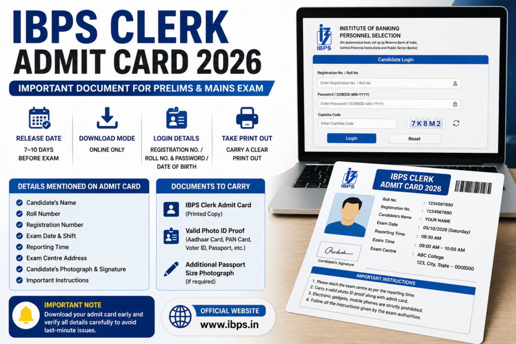 IBPS Clerk Admit Card 2026 infographic showing release date, login credentials, required documents, details printed on the admit card, and exam day instructions.