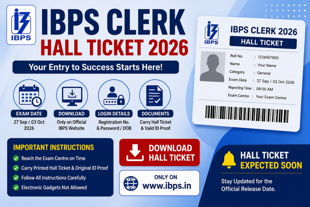 IBPS Clerk Hall Ticket 2026 infographic explaining hall ticket download process, login details, required documents, important instructions and official website.