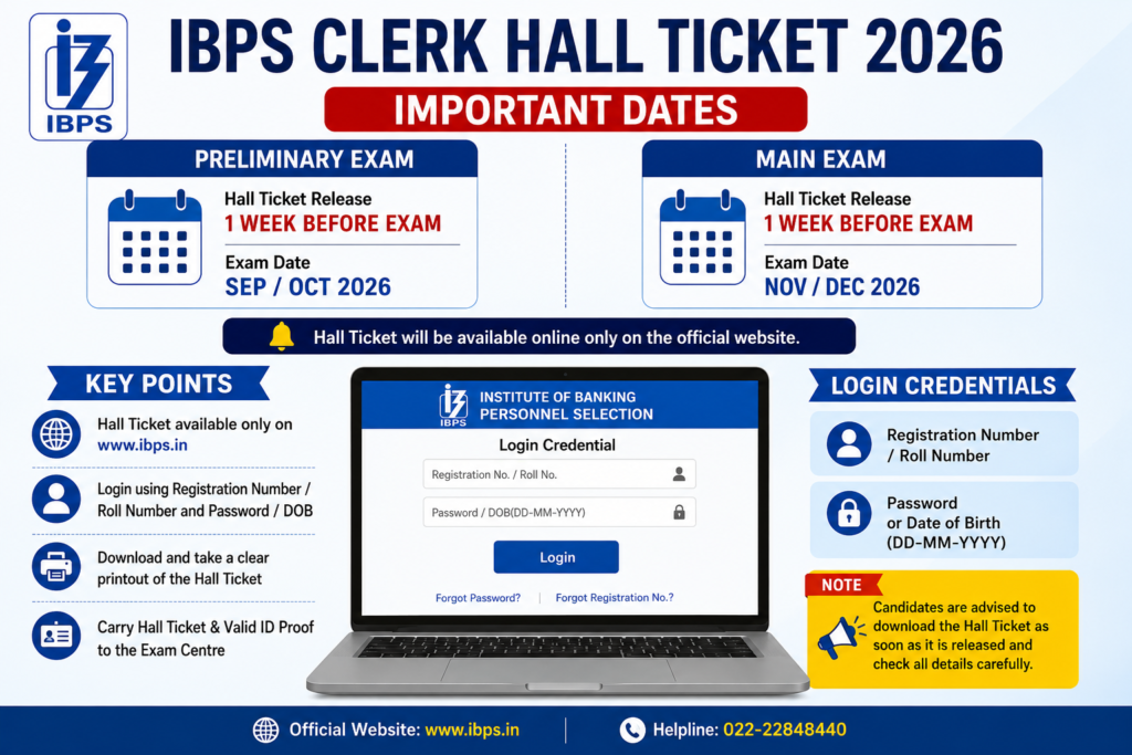 IBPS Clerk Hall Ticket 2026 important dates infographic showing prelims and mains hall ticket release schedule.