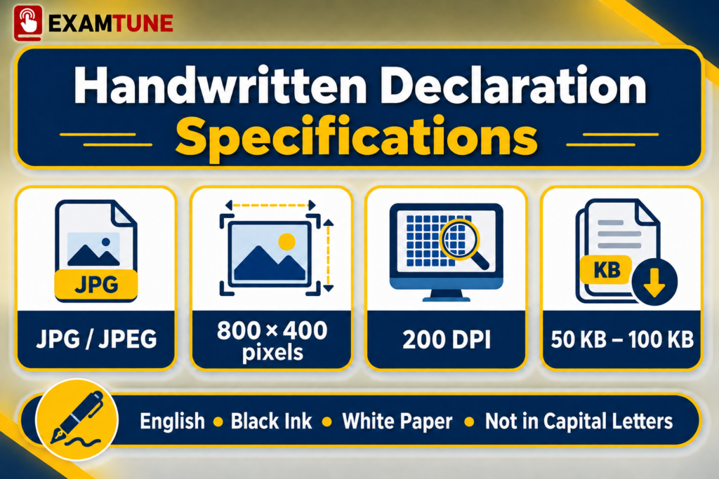 IBPS Clerk Handwritten Declaration 2026 size: JPG or JPEG, 50–100 KB, preferred 800 × 400 pixels