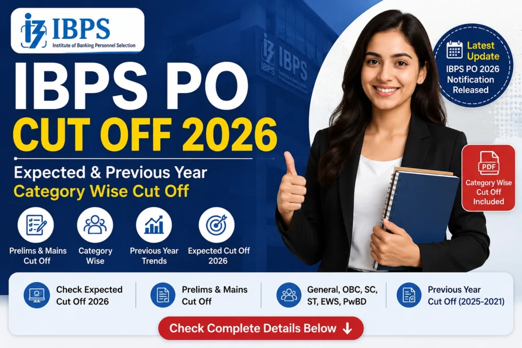 IBPS PO Cut Off 2026 hero banner showing expected and previous year category-wise Prelims and Mains cut off marks for General, OBC, EWS, SC, ST, and PwBD candidates.
