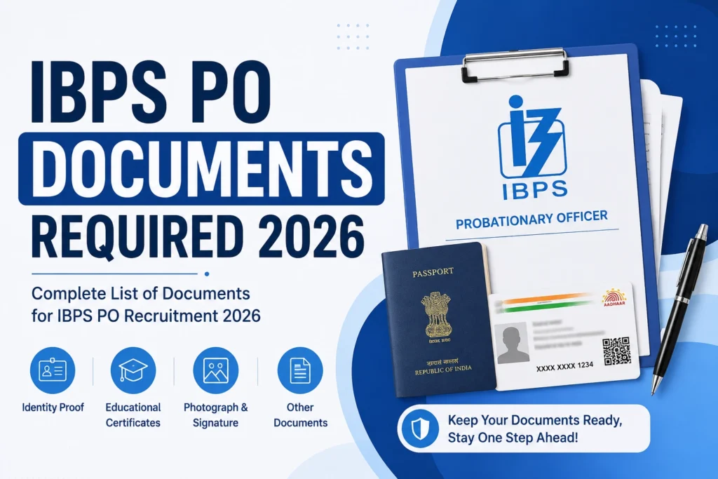 IBPS PO Documents Required 2026 hero banner showing the complete list of documents required for IBPS PO application, document verification, and recruitment process.