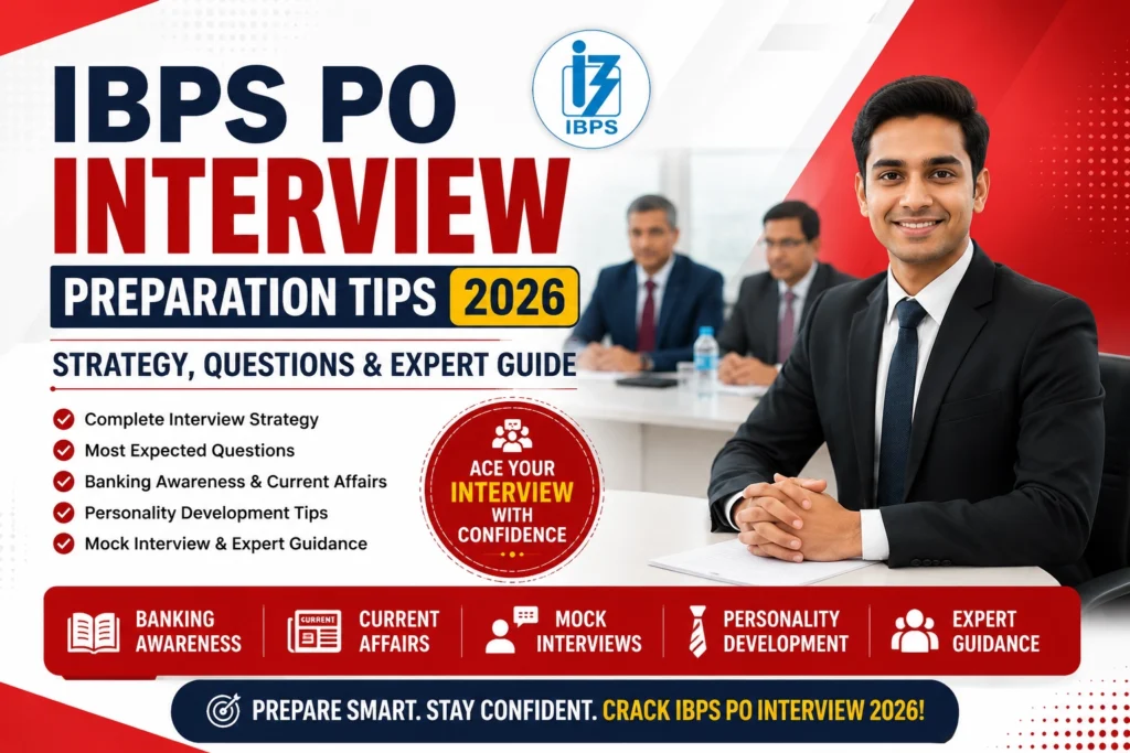 IBPS PO Interview Preparation Tips 2026 banner showing interview strategy, important questions, banking awareness, mock interview guidance, and expert preparation tips.