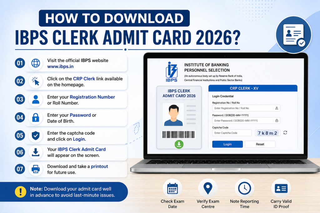 IBPS Clerk Admit Card 2026 hero banner showing hall ticket download, release date, exam day instructions, reporting time, and required documents.