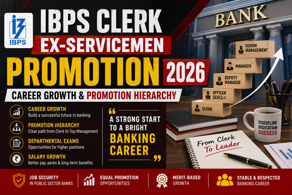 IBPS Clerk Ex-Servicemen Promotion 2026 hero banner featuring career growth, promotion hierarchy, departmental promotion exams, salary progression, and leadership opportunities in Public Sector Banks.