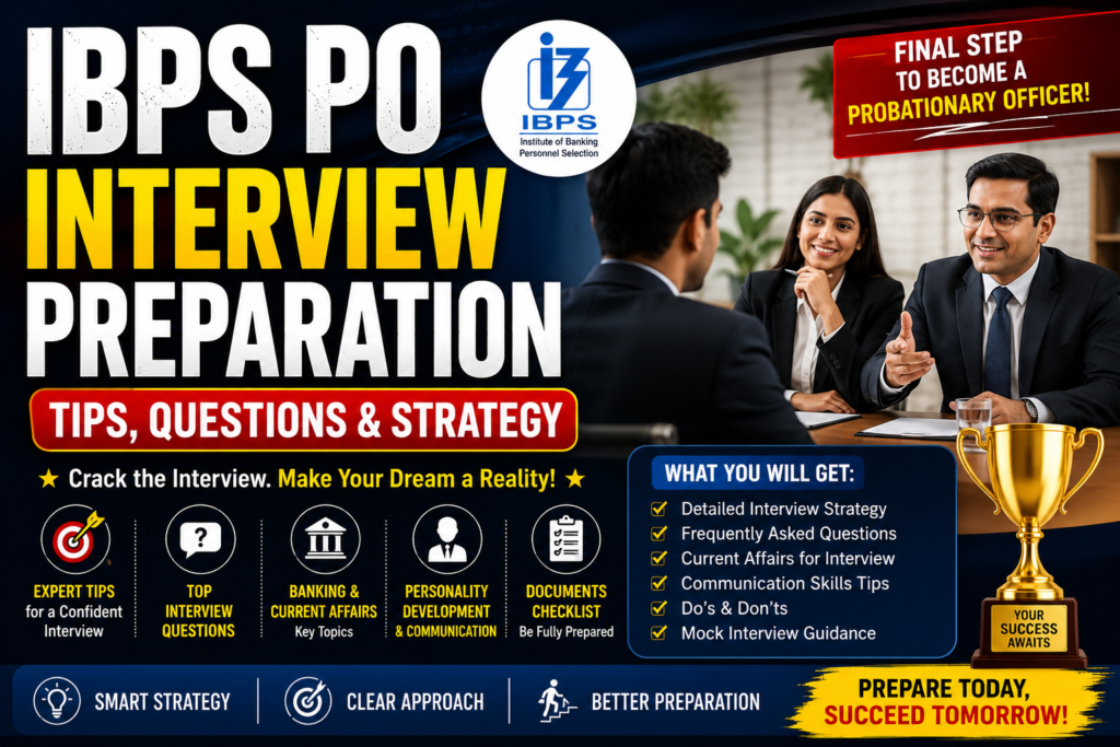 IBPS PO Interview Preparation banner featuring a professional interview panel, interview tips, commonly asked questions, banking awareness, document checklist, and strategy for the IBPS PO interview round.