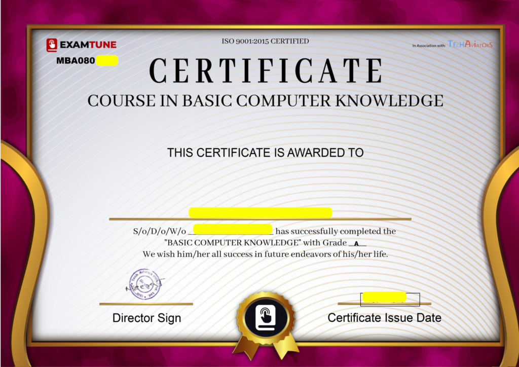 Sample Computer Certificate for IBPS Clerk from ExamTune