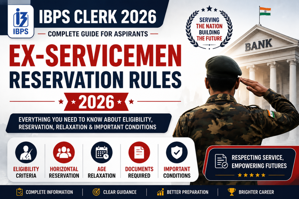 IBPS Clerk 2026 Ex-Servicemen Reservation Rules explained with eligibility, horizontal reservation, age relaxation and important conditions.