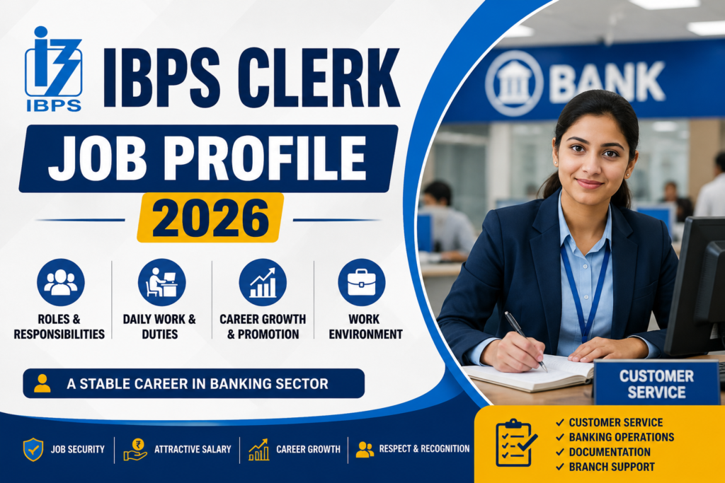 IBPS Clerk Job Profile 2026 banner highlighting roles, responsibilities, daily work, career growth, and customer service duties.