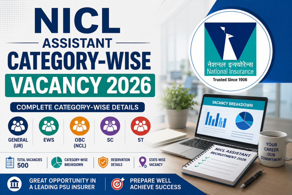 NICL Assistant Category-wise Vacancy 2026 showing category-wise vacancy distribution for General, OBC, SC, ST, EWS, Ex-Servicemen and PwBD.