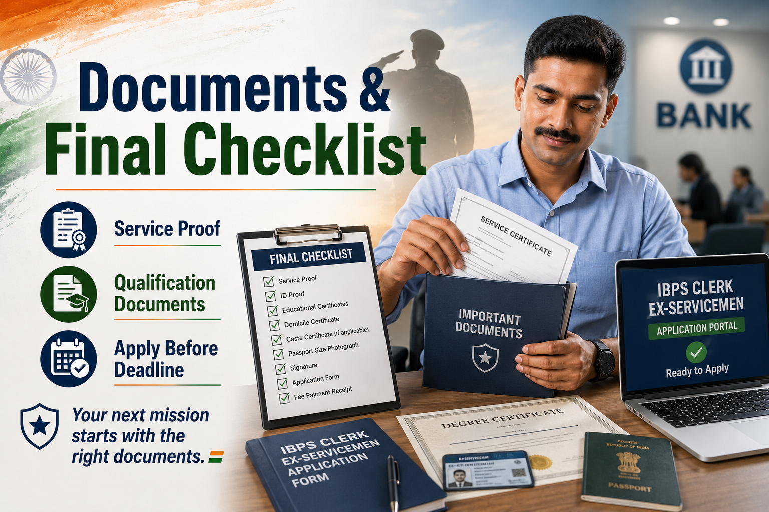 IBPS Clerk Ex-Servicemen Documents Required 2026 including service certificate qualification proof and ESM application checklist