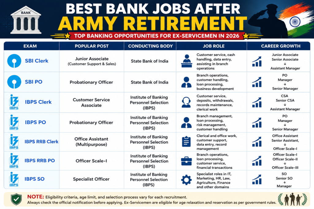 Best Bank Jobs for Ex-Servicemen including SBI Clerk SBI PO IBPS Clerk IBPS PO IBPS RRB Clerk IBPS RRB PO and IBPS SO career opportunities