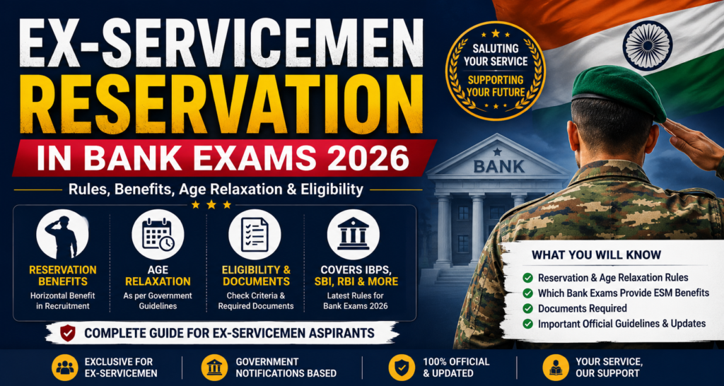 IBPS Clerk Ex-Servicemen Eligibility 2026 guide showing age relaxation, educational qualification, reservation rules, and required documents for ESM candidates.