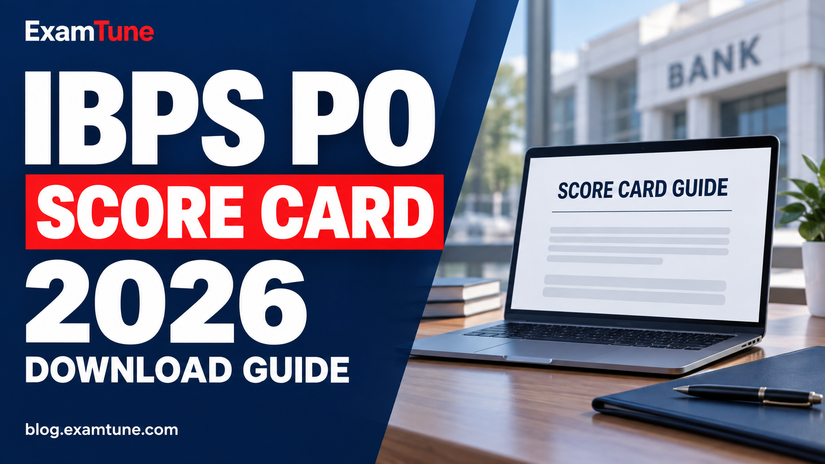 IBPS PO Score Card 2026 download guide banner with a laptop displaying an illustrative guide screen.