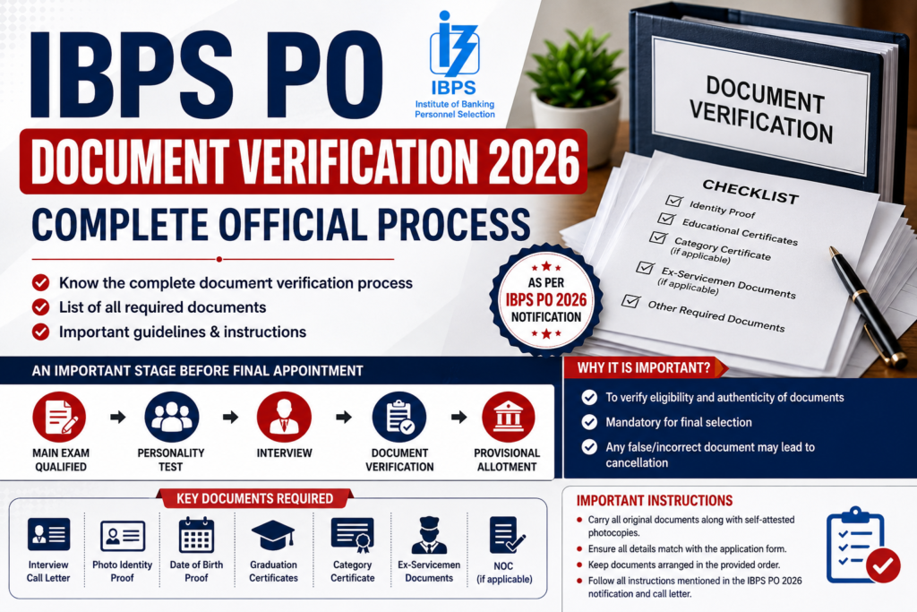IBPS PO Document Verification 2026 banner showing the official document verification process, required documents, and important verification guidelines.