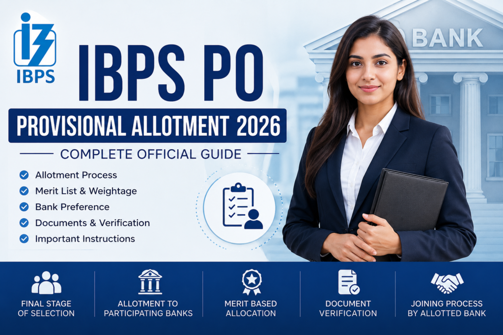 IBPS PO Provisional Allotment 2026 banner illustrating the final allotment process, merit-based bank allocation, document verification, and joining formalities.