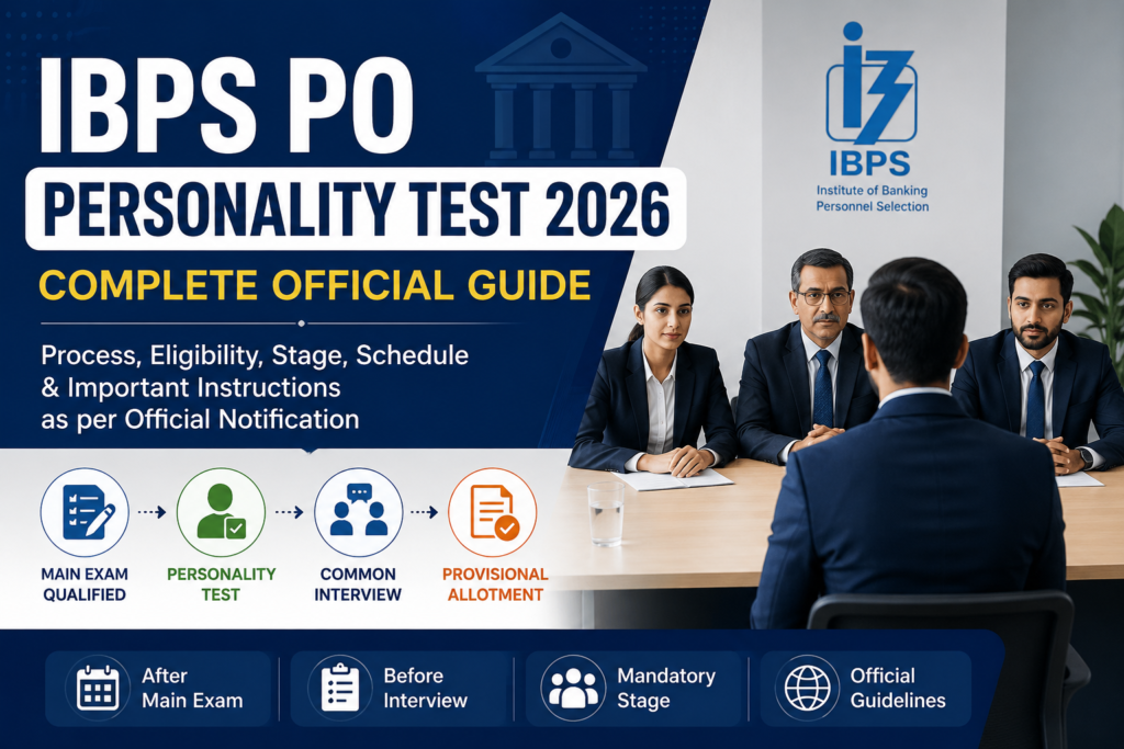 IBPS PO Personality Test 2026 banner illustrating the official recruitment stage before the Common Interview as per the latest IBPS notification.