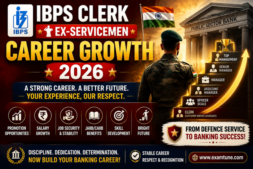 IBPS Clerk Ex-Servicemen Career Growth 2026 banner showing promotion opportunities, salary growth, officer career path, JAIIB CAIIB benefits and banking career progression.