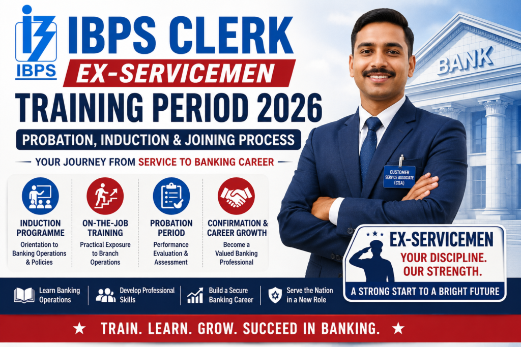 IBPS Clerk Ex-Servicemen Job Profile hero banner featuring roles, responsibilities, daily banking operations, customer service, and career opportunities in Public Sector Banks.