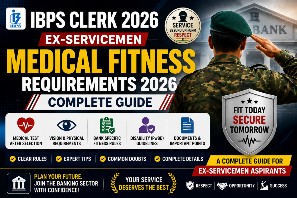IBPS Clerk Ex-Servicemen Medical Fitness Requirements 2026 guide covering medical test, vision requirements, disability rules, and joining process.