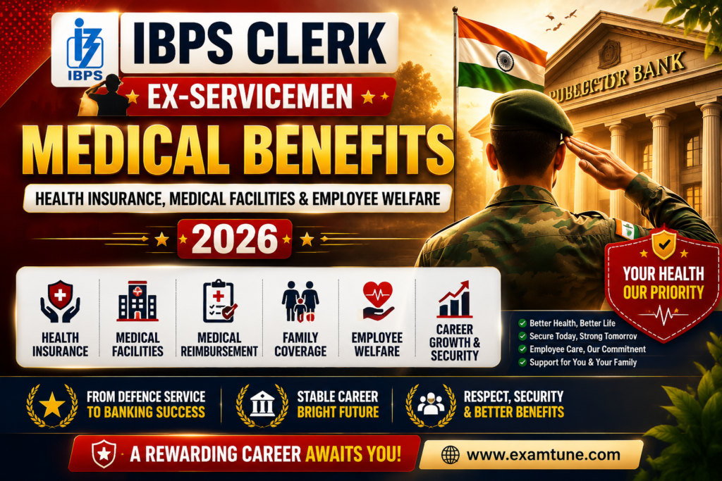 IBPS Clerk Ex-Servicemen Medical Benefits 2026 banner highlighting health insurance, medical facilities, reimbursement, family coverage and employee welfare benefits.