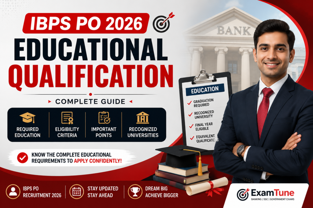 IBPS PO Educational Qualification banner showing graduation eligibility, recognized university requirement, equivalent qualification, and complete eligibility guide for IBPS PO.