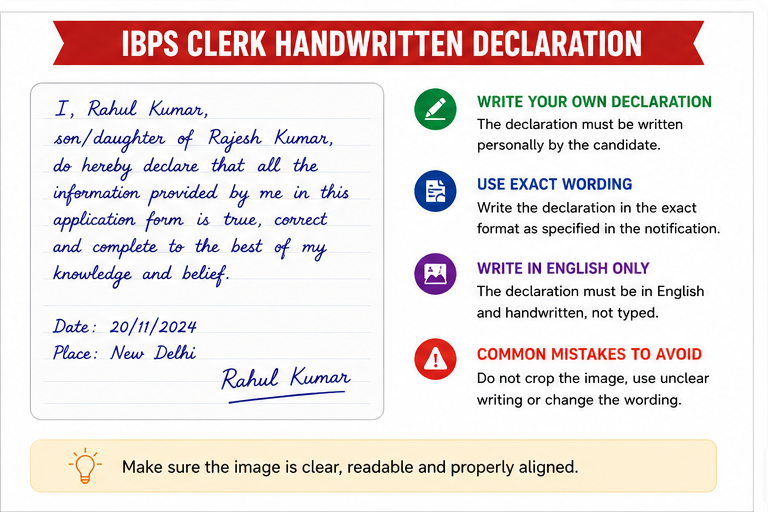 IBPS Clerk handwritten declaration format and upload rules