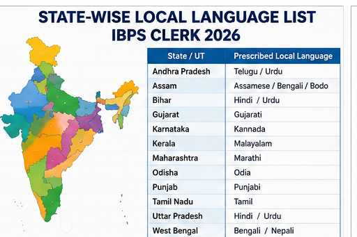 IBPS Clerk State-wise Local Language List 2026 showing prescribed regional languages for all states and union territories