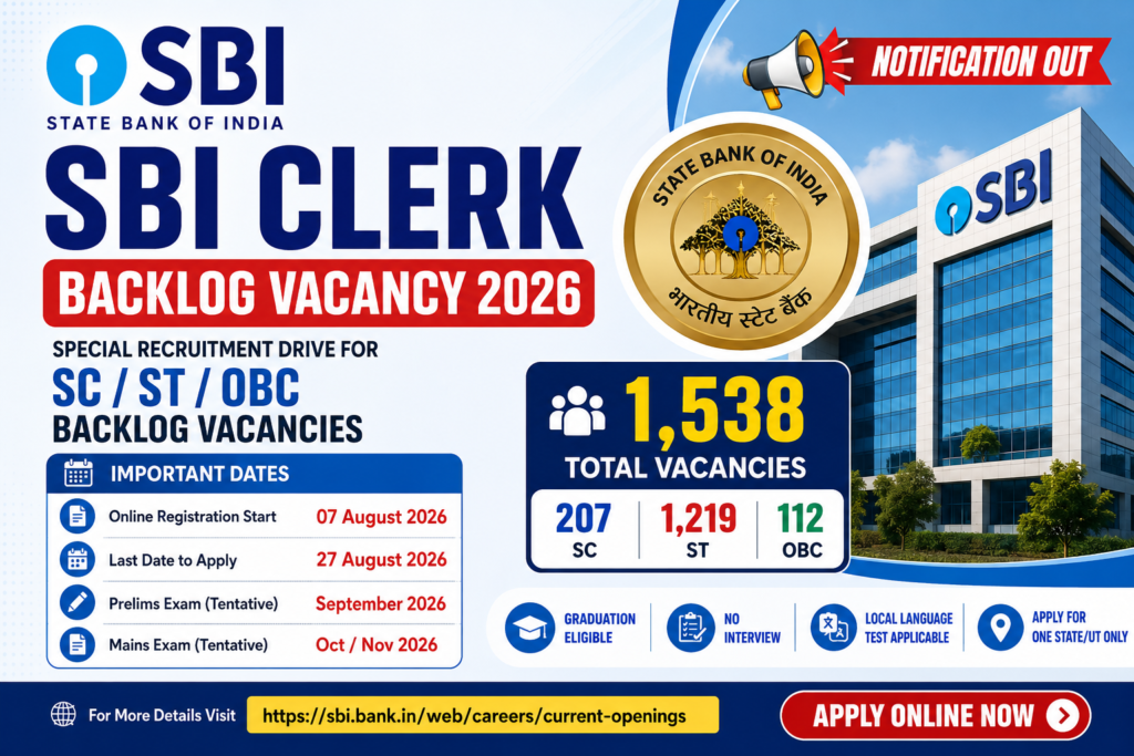 SBI Clerk Backlog Vacancy 2026 1538 SC ST OBC vacancies