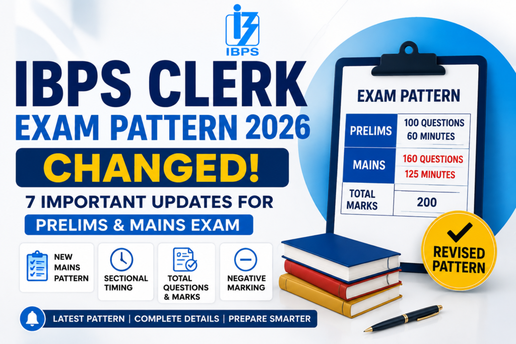 IBPS Clerk Exam Pattern 2026 with new Prelims and Mains marks, sectional timing and negative marking