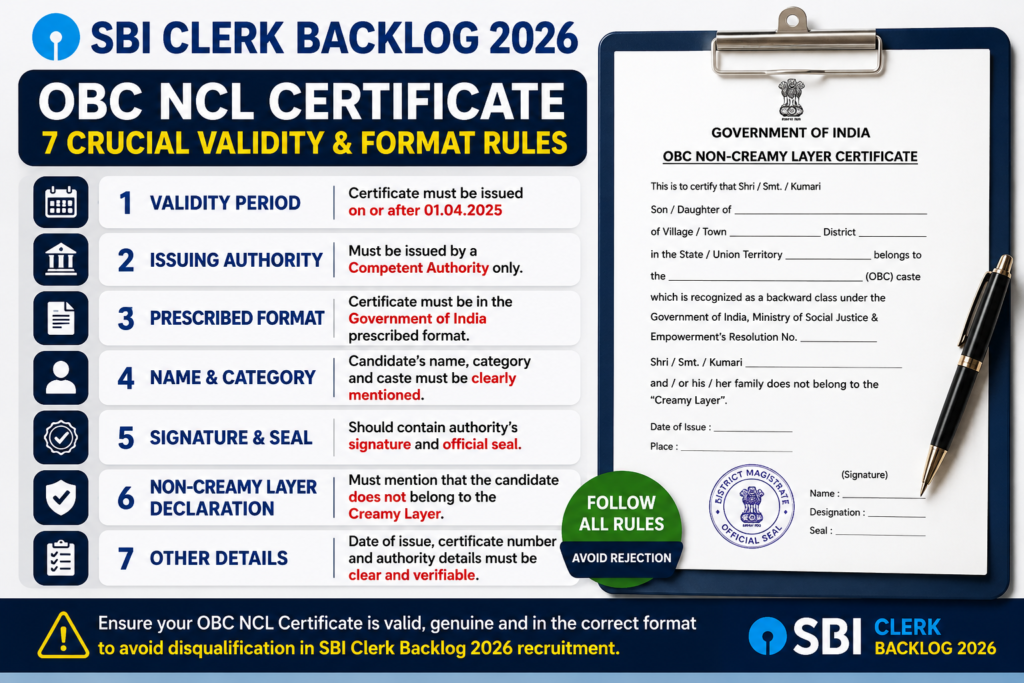 SBI Clerk Backlog 2026 OBC NCL Certificate 7 crucial validity and format rules infographic