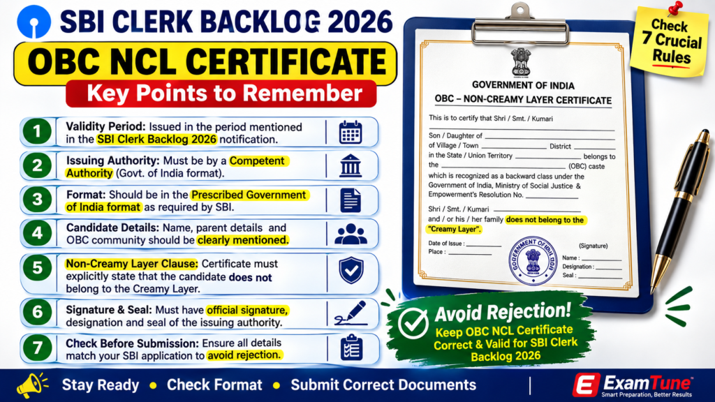 SBI Clerk Backlog 2026 OBC NCL Certificate 7 key validity and format rules