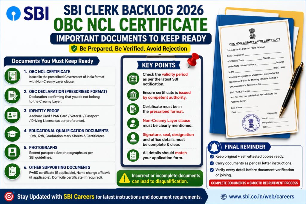 SBI Clerk Backlog 2026 OBC NCL Certificate important documents for verification and joining