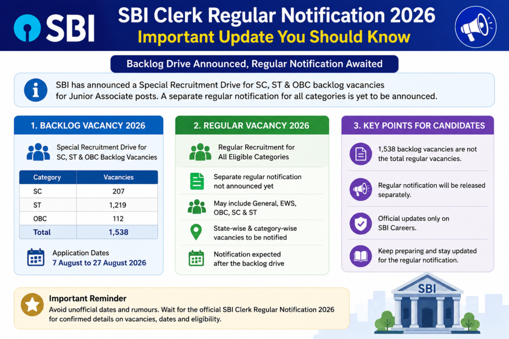 SBI Clerk Regular Notification 2026 backlog vacancy update and regular vacancy status