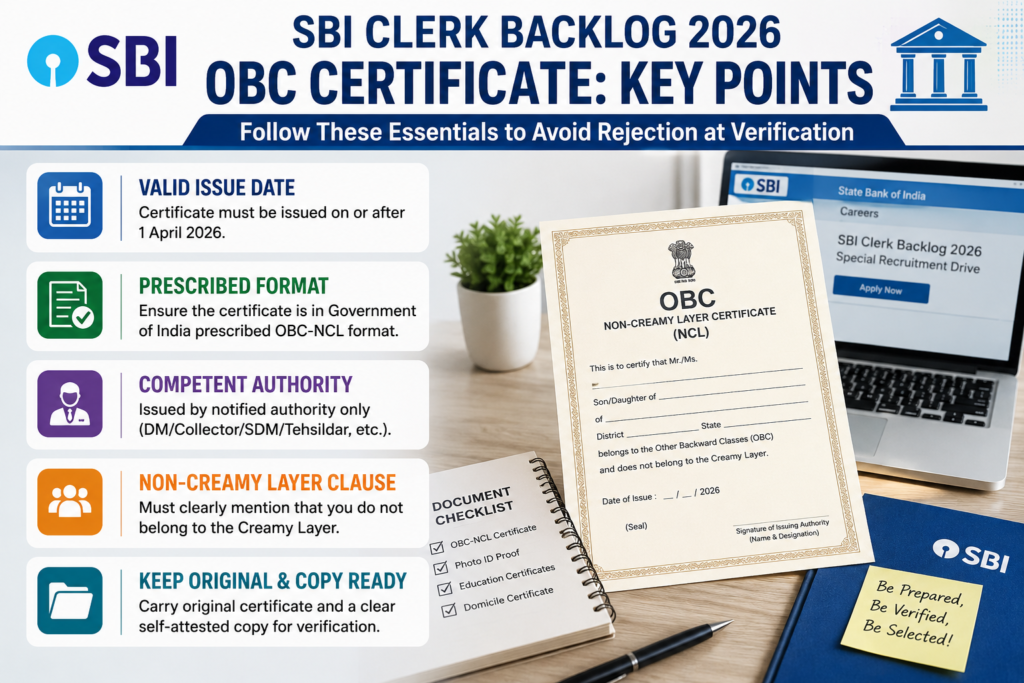 SBI Clerk Backlog 2026 OBC Certificate NCL Verification Key Points