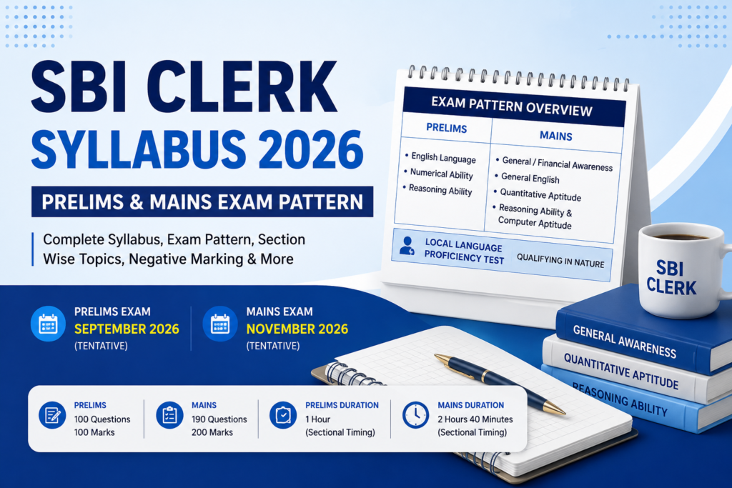 SBI Clerk Syllabus 2026 Prelims and Mains Exam Pattern with questions, marks, tentative exam months and local language test