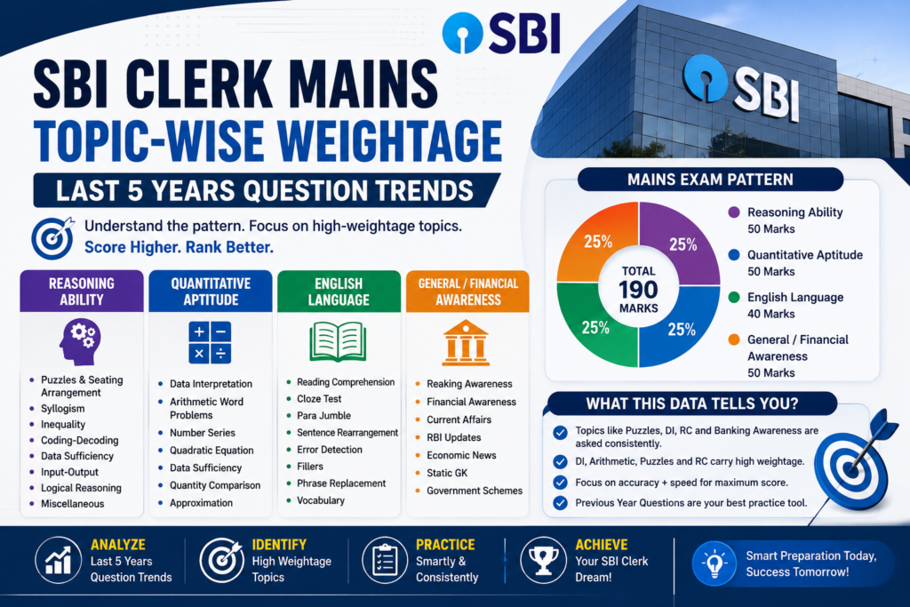 SBI Clerk Mains Topic-wise Weightage with Last 5 Years Question Trends and Important Topics
