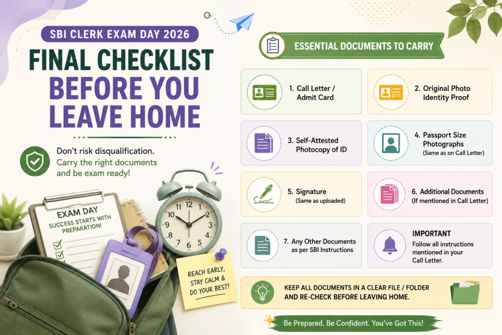 SBI Clerk Exam Day Documents 2026 Final Checklist Before Leaving Home