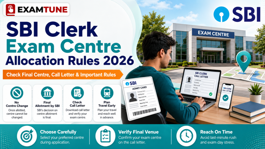SBI Clerk Exam Centre Allocation Rules 2026 final centre allotment call letter and centre change rules