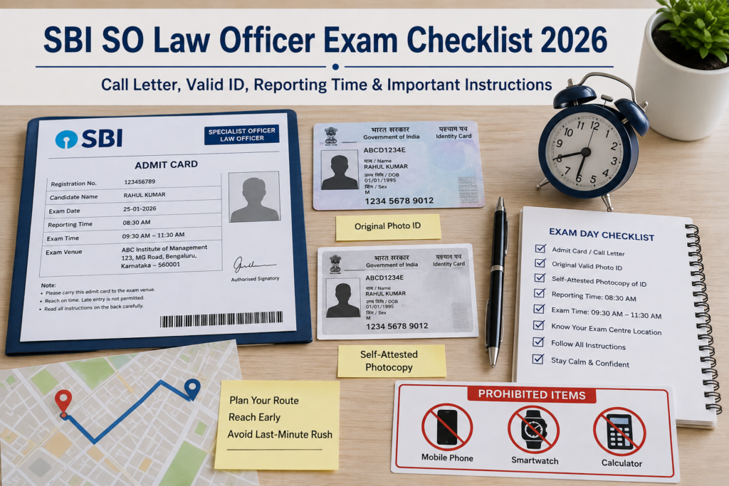 SBI SO Law Officer Exam Checklist 2026 with call letter, valid photo ID, reporting time and prohibited items