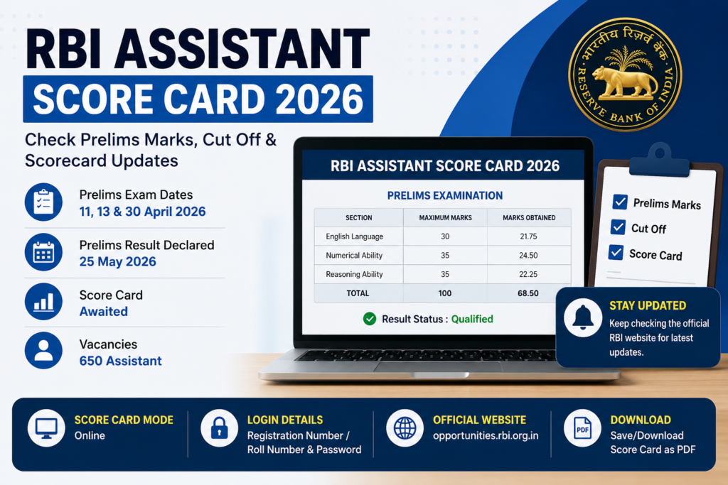 RBI Assistant Score Card 2026 Prelims Marks Cut Off and Result Details
