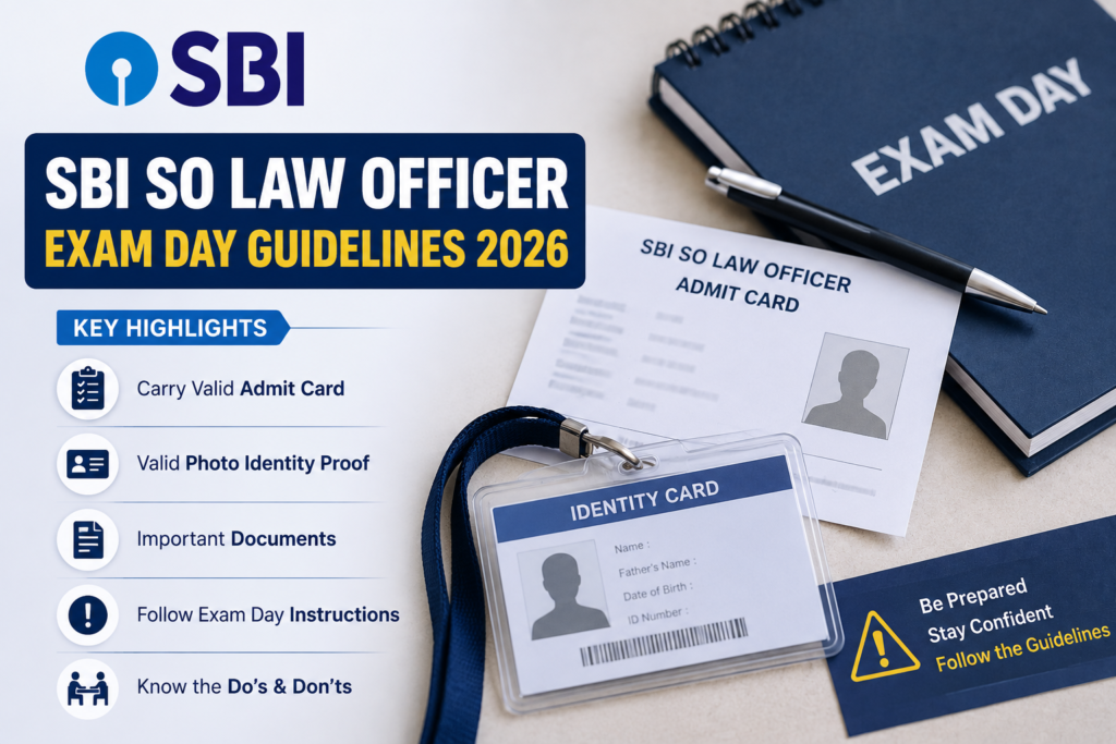 SBI SO Law Officer Exam Day Guidelines 2026 with admit card, photo ID and required documents
