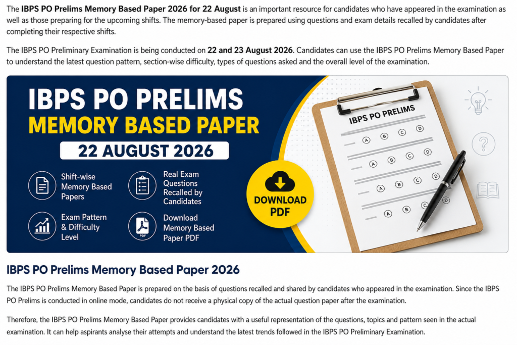 IBPS PO Prelims Memory Based Paper 2026 22 August PDF Download and Exam Pattern